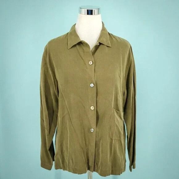 Gerties Size Medium M Green Collared Button Long Sleeve Boxy Artsy Lagenlook Top - Picture 1 of 5